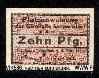 Platzanweisung der Girokasse Saupersdorf. 10 Pfennig. 5. März 1921.