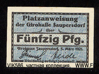 Platzanweisung der Girokasse Saupersdorf. 50 Pfennig. 5. März 1921.
