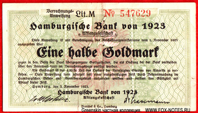 Hamburgische Bank von 1923. Eine halbe Goldmark