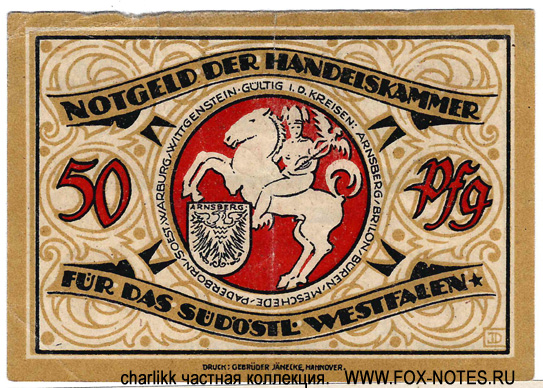 Handelskammer für das südöstliche Westfalen, Arnsberg 50 Pfennig 1920