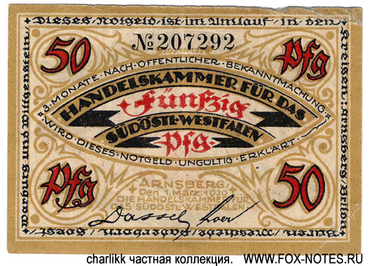 Handelskammer für das südöstliche Westfalen, Arnsberg 50 Pfennig 1920