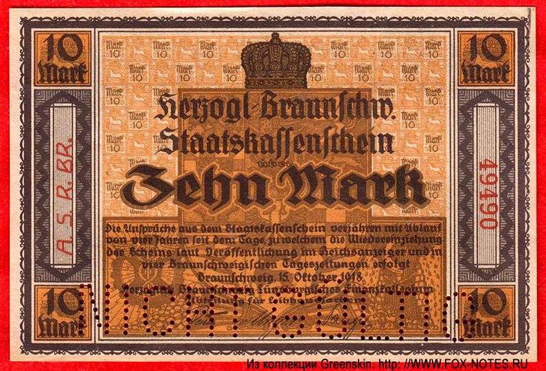Herzoglich Braunschweig-Lüneburgisches Finanzkollegium, Abteilung für Leihhaussachen, Braunschweig 10 Mark 1918