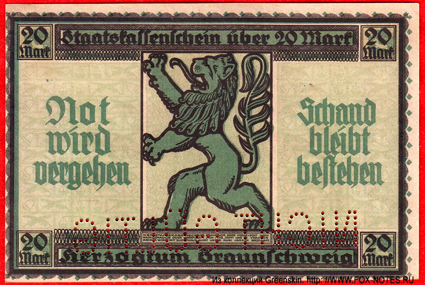 Herzoglich Braunschweig-Lüneburgisches Finanzkollegium, Abteilung für Leihhaussachen, Braunschweig 20 Mark 1918