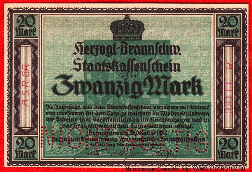 Herzoglich Braunschweig-Lüneburgisches Finanzkollegium, Abteilung für Leihhaussachen, Braunschweig 20 Mark 1918