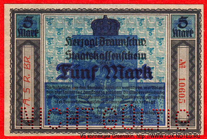 Herzoglich Braunschweig-Lüneburgisches Finanzkollegium, Abteilung für Leihhaussachen, Braunschweig 5 Mark 1918