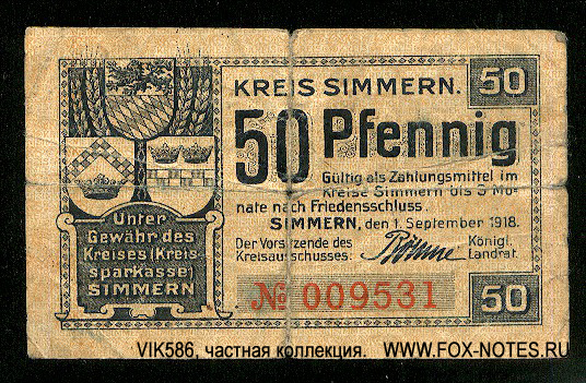 Kreis Simmern. Gutschein. 50 Pfennig. 1. Septemberz 1918.