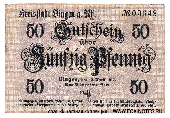 Stadt Bingen 50 Pfennig 1917