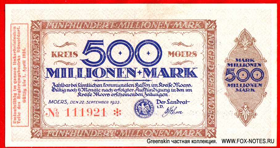 Kreiss Moers 500 Millionen Mark 1923