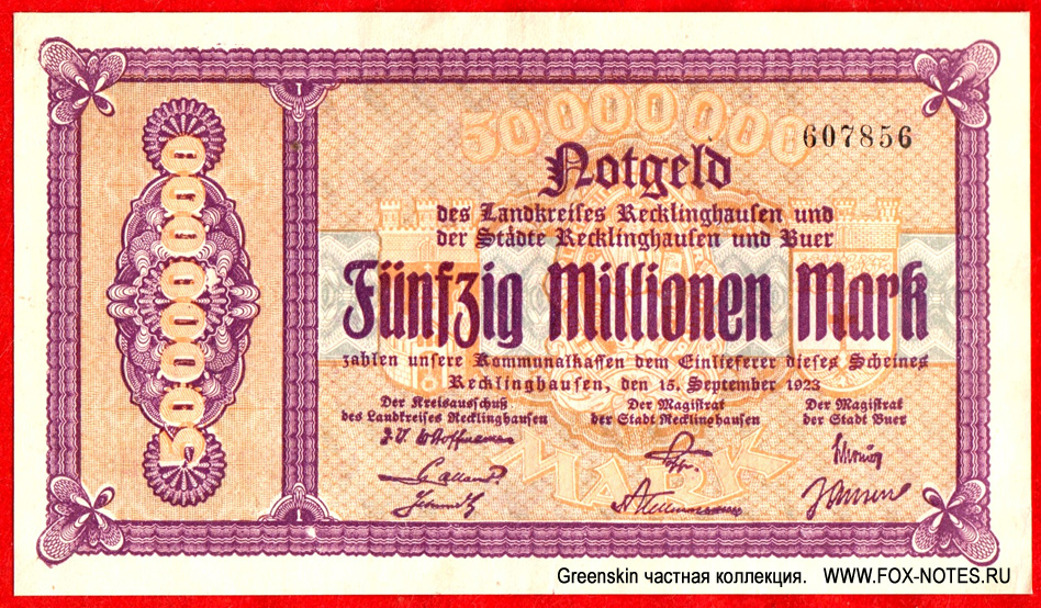 Landkreis Recklinghausen, Stadte Recklinghausen und Buer 50 Millionen Mark 1923