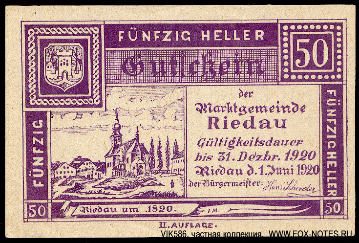 Gutschein der Marktgemeinde Riedau. 50 Heller. 21. März 1920. Gültig bis 31. Dezember 1920.