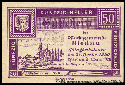 Marktgemeinde Riedau  50 Heller 1920
