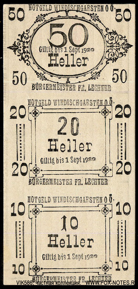 Notgeld Windischgarsten. Giltig bis 1 September 1920.