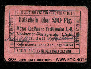 Meyer Kaufmann Textiwerke A G. 20 Pfennig 1920