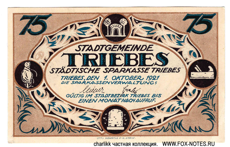 Stadtgemeinde Triebes. Sdadtische Sparkasse Triebes.. 75 Pfennig 1921.