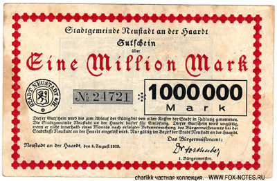 Stadtgemeinde Neustadt an der Haardt 1 Million Mark 1923