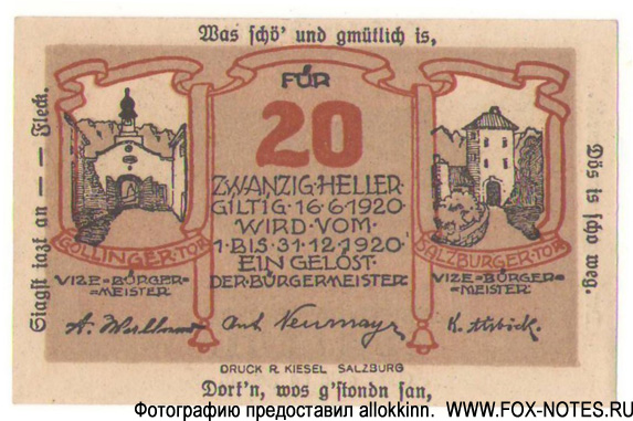 Stadtgemeinde Hallein. 20 Heller. 1920.