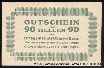 Ortsgemeinde Oberwolfern 90 Heller 1920