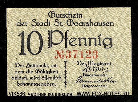 Gutschein der Stadt Sankt Goarshausen. 10 Pfennig 1920.