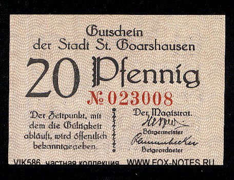 Gutschein der Stadt Sankt Goarshausen. 20 Pfennig 1920.