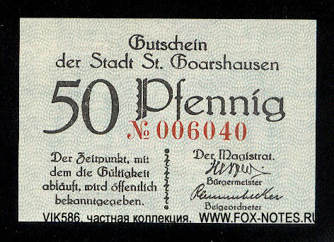 Gutschein der Stadt Sankt Goarshausen. 50 Pfennig 1920.