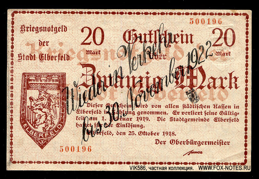 Stadt Elberfeld 20 Mark 1922