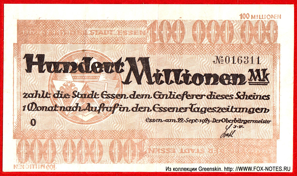 Notgeld der Stadt Essen 100 Millionen Mark 1923
