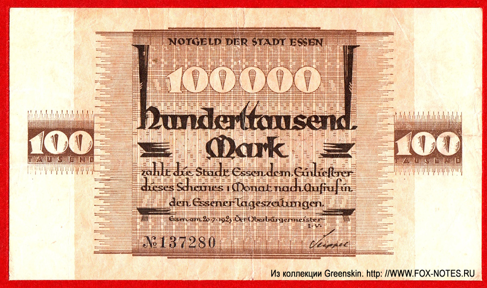 Notgeld der Stadt Essen 100000 Mark 1923