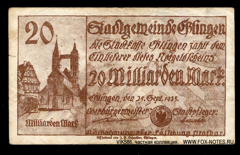 Stadtgemeinde Esslingen 20 Milliarden Mark 1923