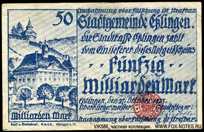 Stadtgemeinde Esslingen 50 Milliarden Mark 1923