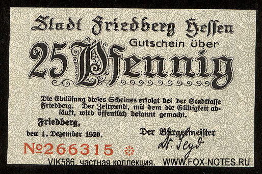 Stadt Friedberg Hessen 25 Pfennig 1920