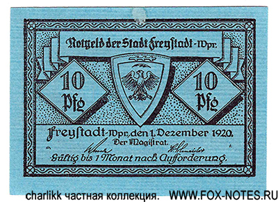 Notgeld der Stadt Freystadt in Westprussen. 10 Pfennig. 1920.
