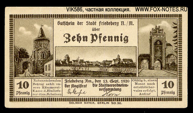 Gutschein der Stadt Friedeberg. 10 Pfennig. 13. September 1920.