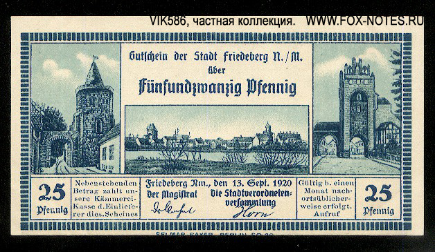 Gutschein der Stadt Friedeberg. 25 Pfennig. 13. September 1920.