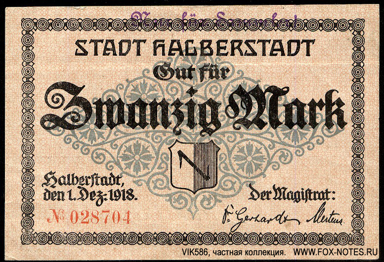 Stadt Halberstadt 20 Mark 1918 
