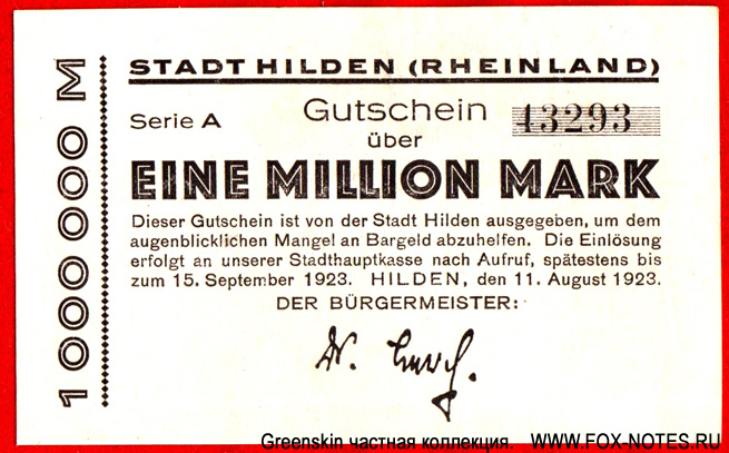 Stadt Hilden (Rheinland) 1 Million Mark 1923 notgeld