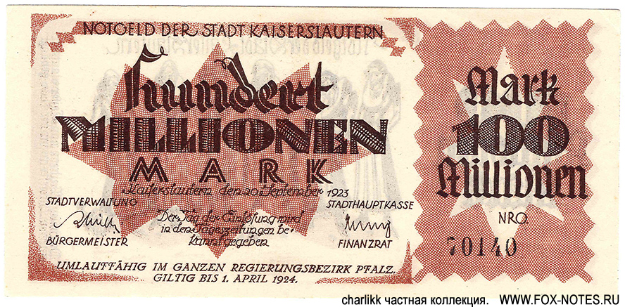 Stadt Kaiserslautern 100 millionen Mark 1923