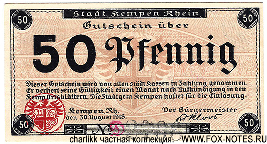 Notgeld der Stadt Kempen Rhein. Gutschein. 30. August 1918. 50 Pfennig.