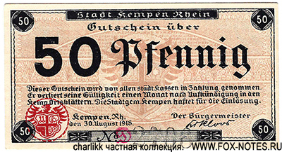 Stadt Kempen Rhein. 1918. 50 Pfennig.
