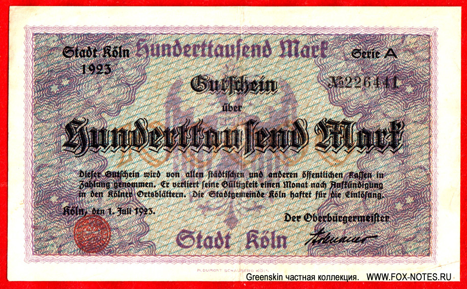 Stadt Köln 100000 Mark 1923