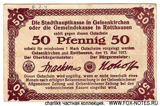 Stadthauptkasse in Gelsenkirchen Gemeindekasse in Rotthausen 50 Pfennig 1917