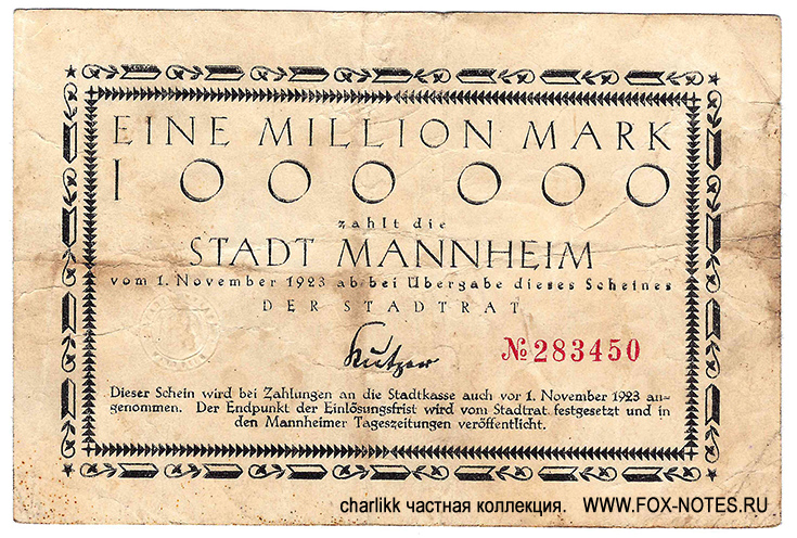 Stadt Mannheim 1 Million Mark 1923 notgeld