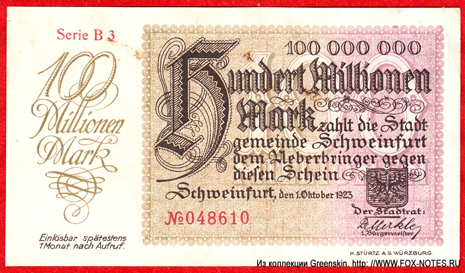 Stadt Schweinfurt 100000000 Mark 1923