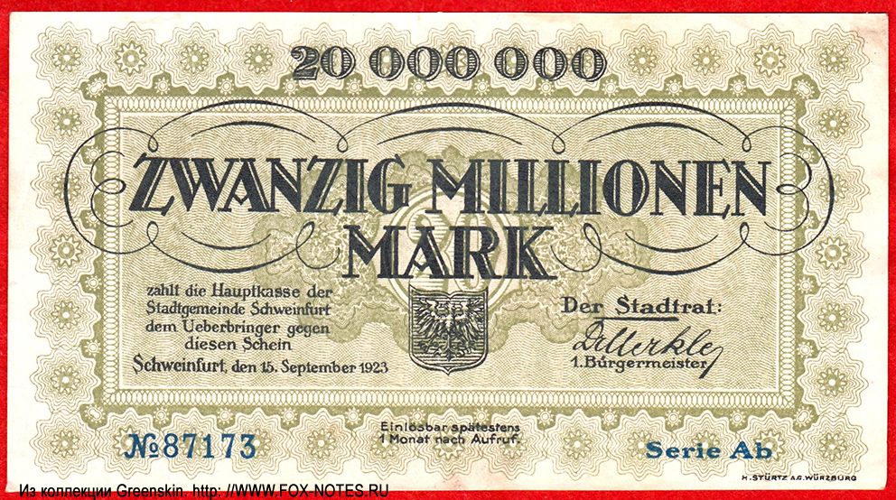 Stadt Schweinfurt 20000000 Mark 1923