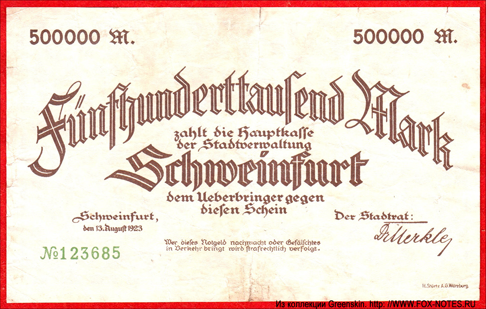Stadt Schweinfurt 500000 Mark 1923