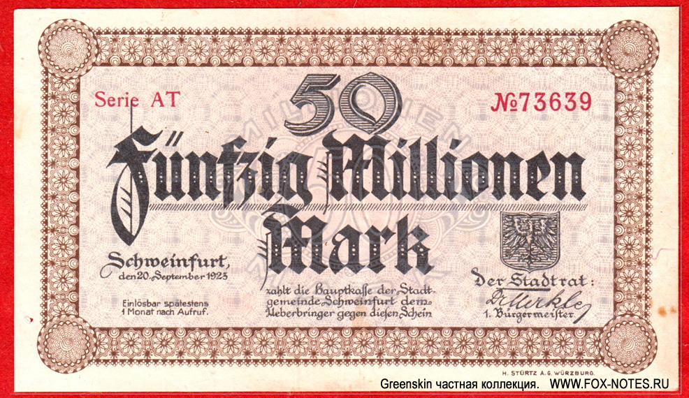 Stadt Schweinfurt 50 Millionen Mark 1923