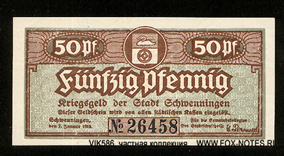 Kriegsgeld der Stadt Schwenningen. 50 Pfennig. 1919.