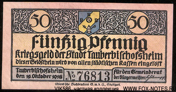 Kriegsgeld der Stadt Tauberbischofsheim. 50 Pfennig. 19. Oktober 1918.