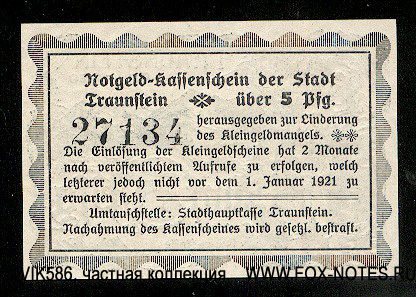 Notgeld-kassenschein der Stadt Traunstein. 5 Pfennig. 1. Mai 1920.