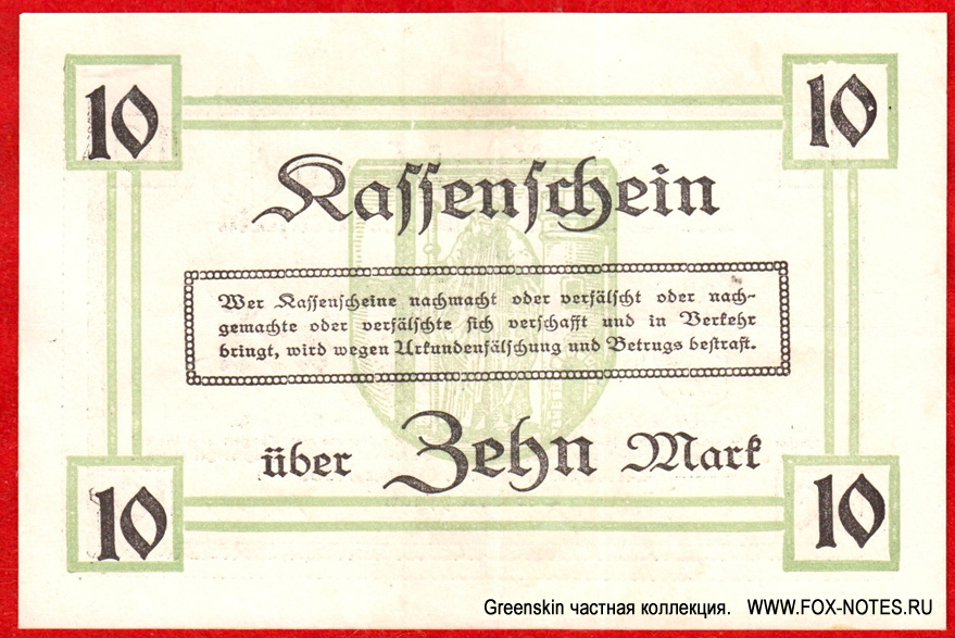 Kassenschein der Stadtgemeinde Allenstein. 10 Mark. 30. Oktober 1918.