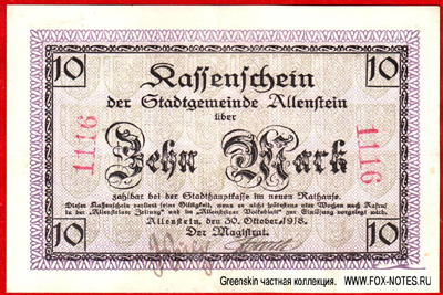 Stadtgemeinde Allenstein. 10 Mark 1918.
